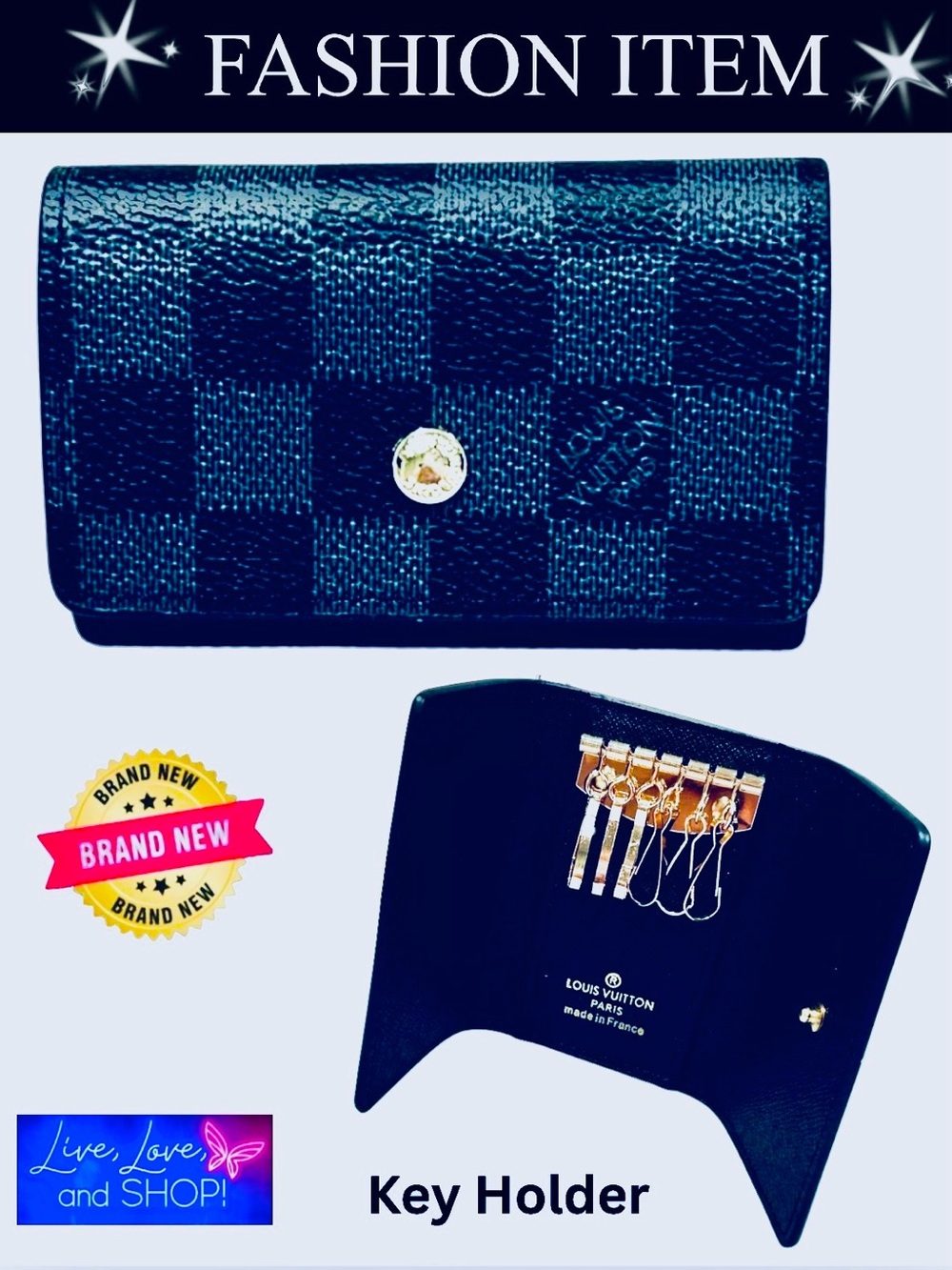 A-1BX: CAR KEY HOLDER: Navy Blue Checkered Detailing & Golden Hardware, NWOT